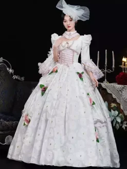 White Retro Costumes Ruffles Polyester Floral Print Headwear Women's Retro Marie Antoinette Costume Masquerade Ball Gown
