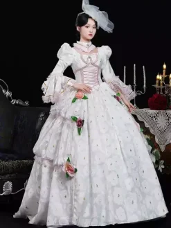 White Retro Costumes Ruffles Polyester Floral Print Headwear Women's Retro Marie Antoinette Costume Masquerade Ball Gown