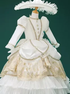 White Retro Costumes Ruffles Marie Antoinette Costume Polyester Jacquard Hat Girl's Euro-Style Tunic Party Prom Dress