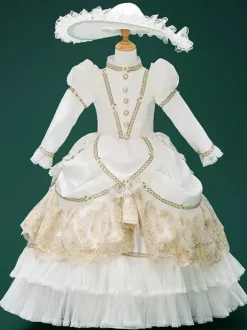 White Retro Costumes Ruffles Marie Antoinette Costume Polyester Jacquard Hat Girl's Euro-Style Tunic Party Prom Dress