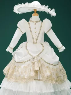 White Retro Costumes Ruffles Marie Antoinette Costume Polyester Jacquard Hat Girl's Euro-Style Tunic Party Prom Dress