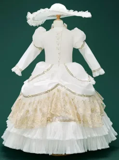 White Retro Costumes Ruffles Marie Antoinette Costume Polyester Jacquard Hat Girl's Euro-Style Tunic Party Prom Dress