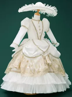 White Retro Costumes Ruffles Marie Antoinette Costume Polyester Jacquard Hat Girl's Euro-Style Tunic Party Prom Dress