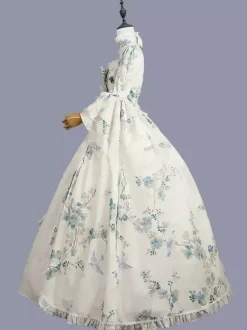 White Retro Tudor Dress Costumes Bows Polyester Floral Print Marie Antoinette Costume Dress Women's Retro Tunic Masquerade Ball Gown