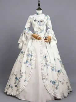 White Retro Tudor Dress Costumes Bows Polyester Floral Print Marie Antoinette Costume Dress Women's Retro Tunic Masquerade Ball Gown