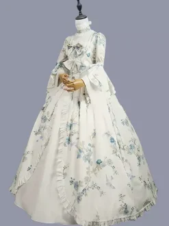 White Retro Tudor Dress Costumes Bows Polyester Floral Print Marie Antoinette Costume Dress Women's Retro Tunic Masquerade Ball Gown