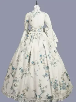 White Retro Tudor Dress Costumes Bows Polyester Floral Print Marie Antoinette Costume Dress Women's Retro Tunic Masquerade Ball Gown