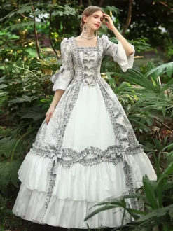 White Retro Tudor Dress Costumes Women's Ruffles Polyester Dress Marie Antoinette Costume Royal Party Prom Dress