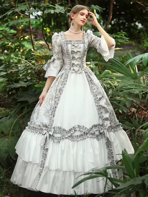 White Retro Tudor Dress Costumes Women's Ruffles Polyester Dress Marie Antoinette Costume Royal Party Prom Dress