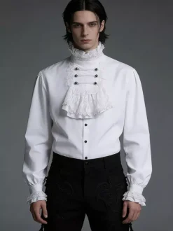 White Retro Victorian Steampunk High Collar Double Breast Vintage Shirt Blouse