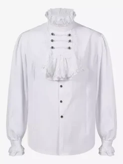White Retro Victorian Steampunk High Collar Double Breast Vintage Shirt Blouse