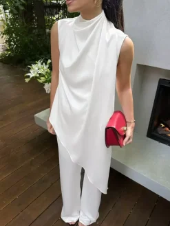 White Satin Draped Mock Neck Sleeveless Top Wide Leg Pants 2 Piece Matching Set