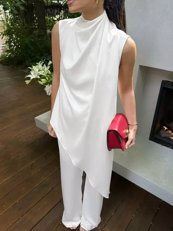 White Satin Draped Mock Neck Sleeveless Top Wide Leg Pants 2 Piece Matching Set