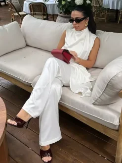 White Satin Draped Mock Neck Sleeveless Top Wide Leg Pants 2 Piece Matching Set