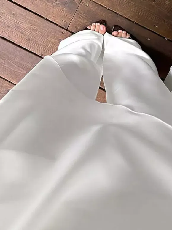 White Satin Draped Mock Neck Sleeveless Top Wide Leg Pants 2 Piece Matching Set