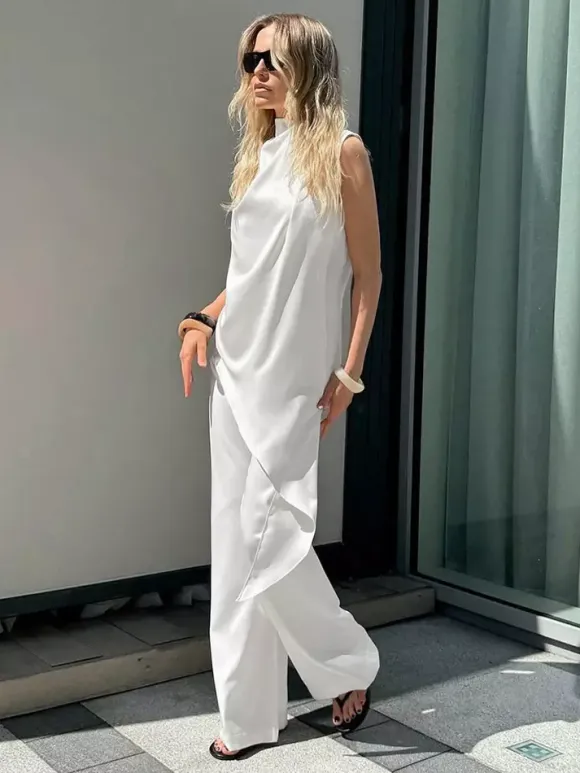 White Satin Draped Mock Neck Sleeveless Top Wide Leg Pants 2 Piece Matching Set
