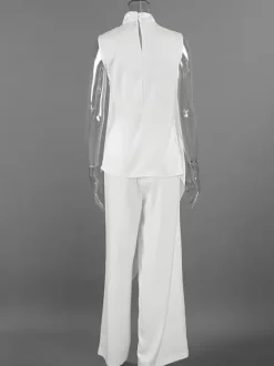 White Satin Draped Mock Neck Sleeveless Top Wide Leg Pants 2 Piece Matching Set