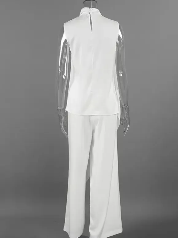 White Satin Draped Mock Neck Sleeveless Top Wide Leg Pants 2 Piece Matching Set