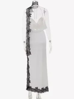 White Satin Halter Deep V Crop Top Black Lace Trim High Slit Maxi Skirt 2 Piece Set