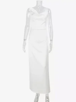 White Satin Women Maxi Dress - Elegant Silk Style Cowl Neck Backless Sleeveless Gown - Summer Evening Party Prom 2026