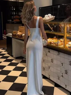 White Satin Women Maxi Dress - Elegant Silk Style Cowl Neck Backless Sleeveless Gown - Summer Evening Party Prom 2026