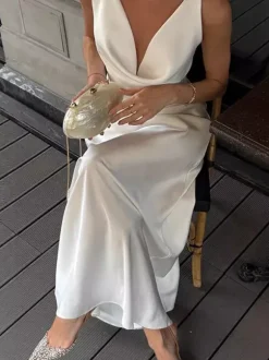 White Satin Women Maxi Dress - Elegant Silk Style Cowl Neck Backless Sleeveless Gown - Summer Evening Party Prom 2026