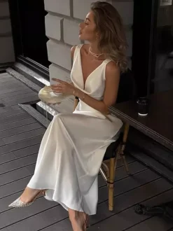 White Satin Women Maxi Dress - Elegant Silk Style Cowl Neck Backless Sleeveless Gown - Summer Evening Party Prom 2026