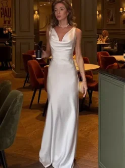 White Satin Women Maxi Dress - Elegant Silk Style Cowl Neck Backless Sleeveless Gown - Summer Evening Party Prom 2026