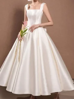 White Short Wedding Dress Square Neck Sleeveless A-Line Tea-Length Bridal Dresses Free Customization