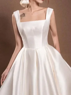 White Short Wedding Dress Square Neck Sleeveless A-Line Tea-Length Bridal Dresses Free Customization