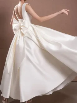 White Short Wedding Dress Square Neck Sleeveless A-Line Tea-Length Bridal Dresses Free Customization