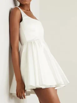 White Short Wedding Square Cubic Cuffless Sleeveless A Line Short Bride Dress Free Customization
