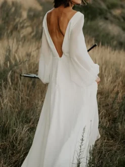 White Simple Causal Wedding Dress With Train A-Line V-Neck Long Sleeves Lace Chiffon Bridal Dresses Free Customization