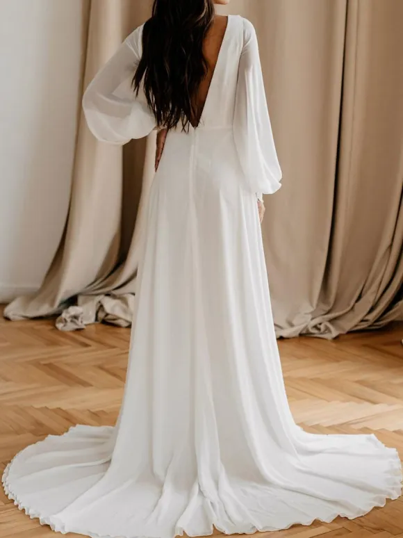 White Simple Causal Wedding Dress With Train A-Line V-Neck Long Sleeves Lace Chiffon Bridal Dresses Free Customization