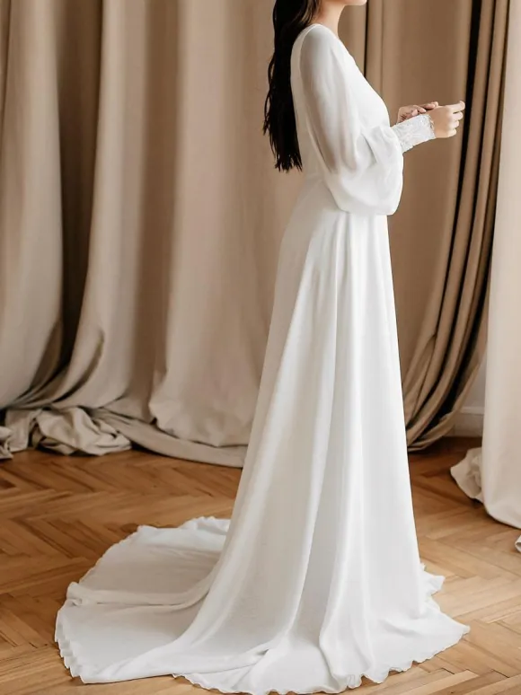 White Simple Causal Wedding Dress With Train A-Line V-Neck Long Sleeves Lace Chiffon Bridal Dresses Free Customization