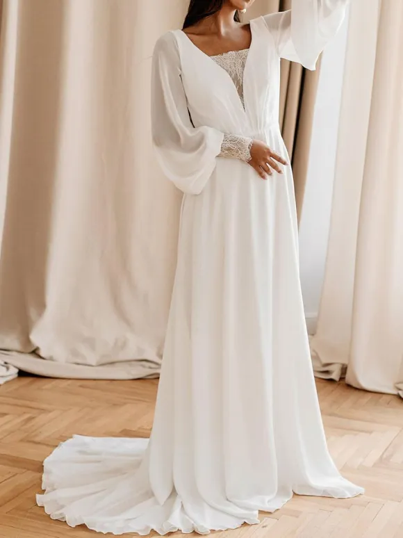 White Simple Causal Wedding Dress With Train A-Line V-Neck Long Sleeves Lace Chiffon Bridal Dresses Free Customization