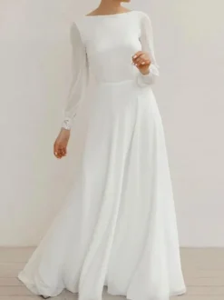 White Simple Causal Wedding Dress A-Line Jewel Neck Long Sleeves Lace Long Bridal Dresses Free Customization