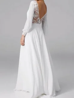 White Simple Causal Wedding Dress A-Line Jewel Neck Long Sleeves Lace Long Bridal Dresses Free Customization