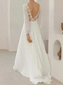 White Simple Causal Wedding Dress A-Line Jewel Neck Long Sleeves Lace Long Bridal Dresses Free Customization