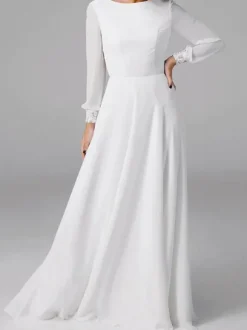 White Simple Causal Wedding Dress A-Line Jewel Neck Long Sleeves Lace Long Bridal Dresses Free Customization