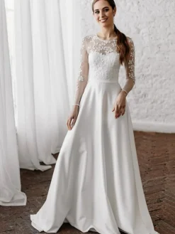 White Simple Causal Wedding Dress A-Line Illusion Neckline Long Sleeves Pearls Train Satin Fabric Lace Bridal Gowns Free Customization