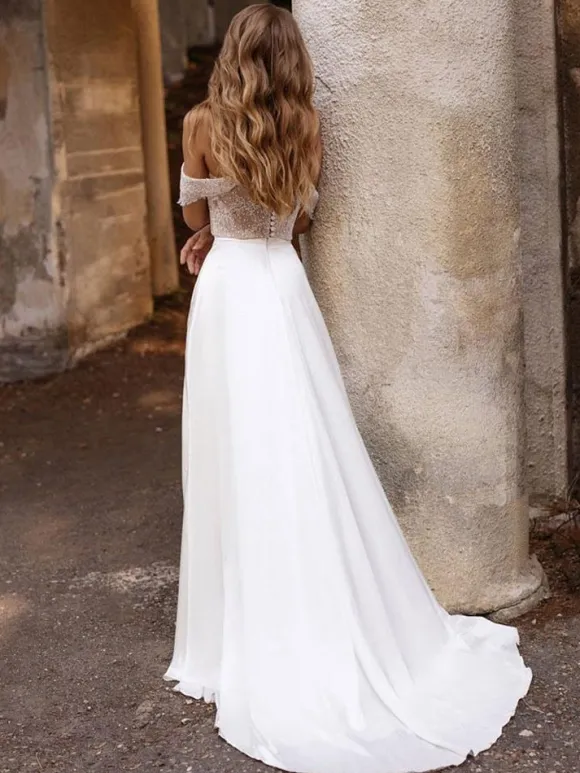 White Simple Causal Wedding Dress Satin Fabric Strapless Sleeveless Cut Out A-Line Off The Shoulder Long Bridal Dresses Free Customization