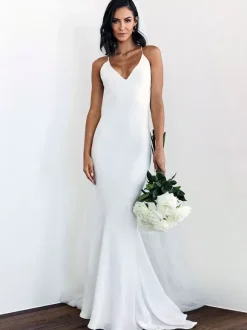 White Simple Mermaid Wedding V-Neck Sleeveless Criss-Cross Spaghetti Straps Lace-Up Backless Satin Fabric Bridal Dresses Free Customization