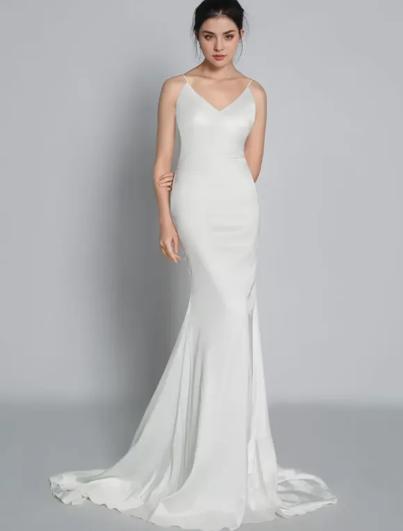 White Simple Mermaid Wedding V-Neck Sleeveless Criss-Cross Spaghetti Straps Lace-Up Backless Satin Fabric Bridal Dresses Free Customization