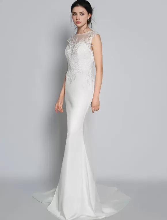White Simple Mermaid Wedding Dress Chiffon Illusion Neckline Sleeveless Court Train Applique Sheath Bridal Gowns Free Customization