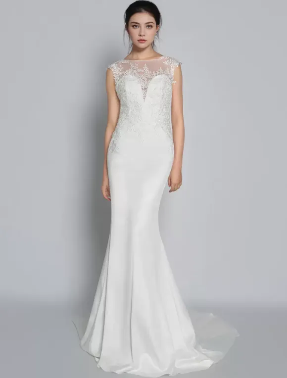 White Simple Mermaid Wedding Dress Chiffon Illusion Neckline Sleeveless Court Train Applique Sheath Bridal Gowns Free Customization