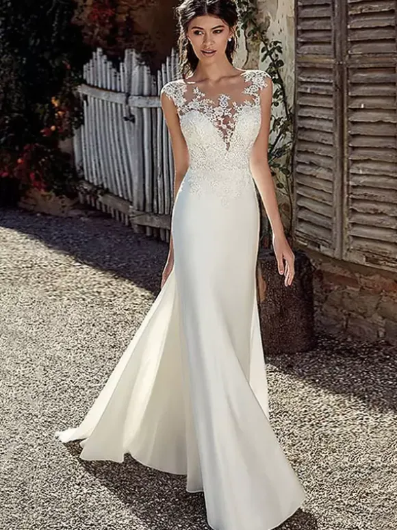 White Simple Mermaid Wedding Dress Chiffon Illusion Neckline Sleeveless Court Train Applique Sheath Bridal Gowns Free Customization
