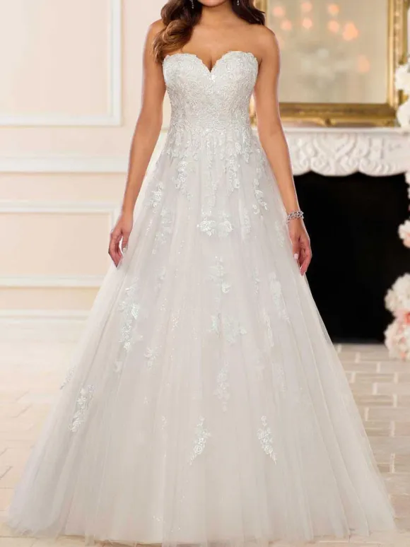 White Simple Princess Ball Gown Wedding Dress A-Line Strapless Sleeveless Backless Lace Bridal Dresses Free Customization