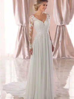 White Simple Wedding Dress A-Line V-Neck Long Sleeves Backless Lace Bridal Dresses Free Customization