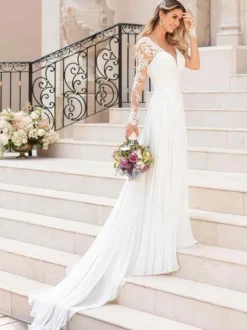 White Simple Wedding Dress A-Line V-Neck Long Sleeves Backless Lace Bridal Dresses Free Customization